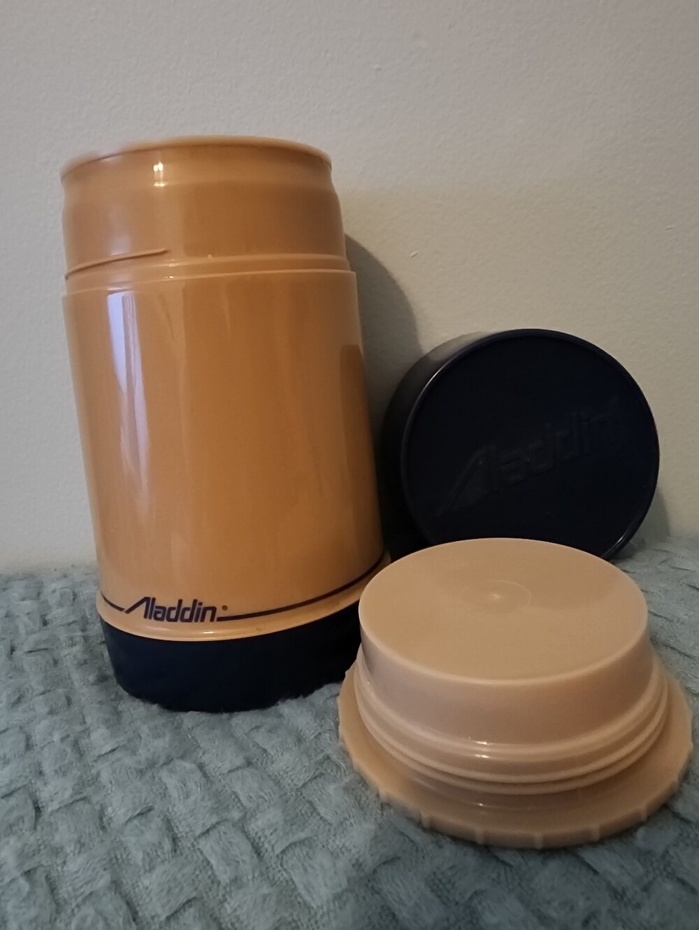 Vintage Aladdin Thermos Tan Brown Black Wide Mouth Food Jar Retro 1970s